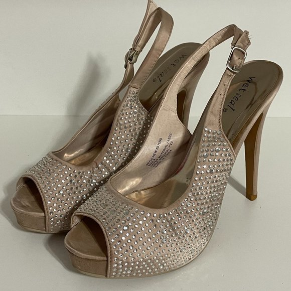 Wet Seal Shoes - WET SEAL Champagne/Gold Nude Rhinestone Bedazzled Bombshell Heels w Strap - Sz 8